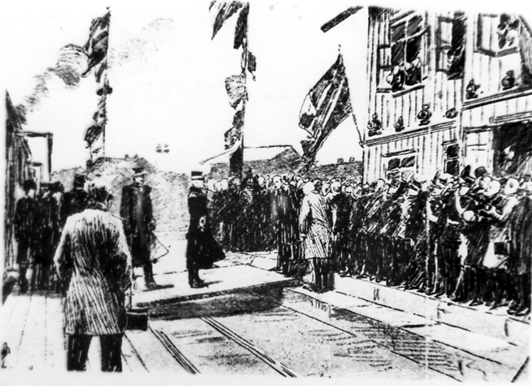 Oscar II inviger Lidköping-Skara-Stenstorps Järnväg, L.S.S.J. den 19 november 1874.
Reprofotografi av teckning eller etsning.