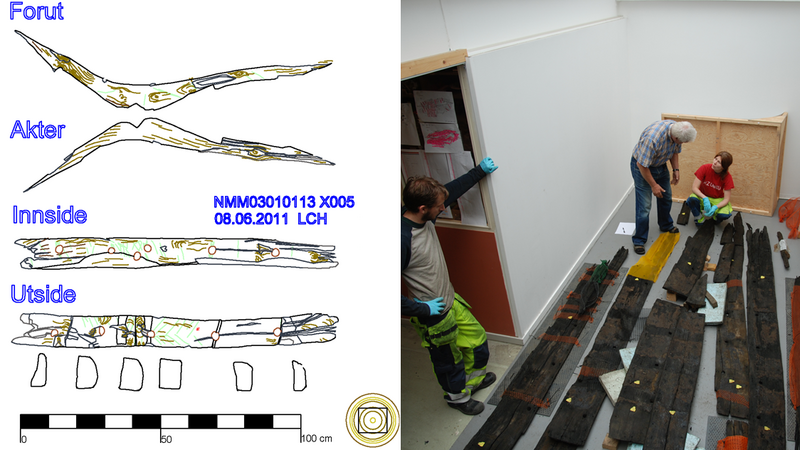 Båtdelene studeres og dokumenteres med digitale tegnemetoder i 1:1 av arkeologer i dokumentasjonslaboratoriet (DokuLab’en) på NMM.