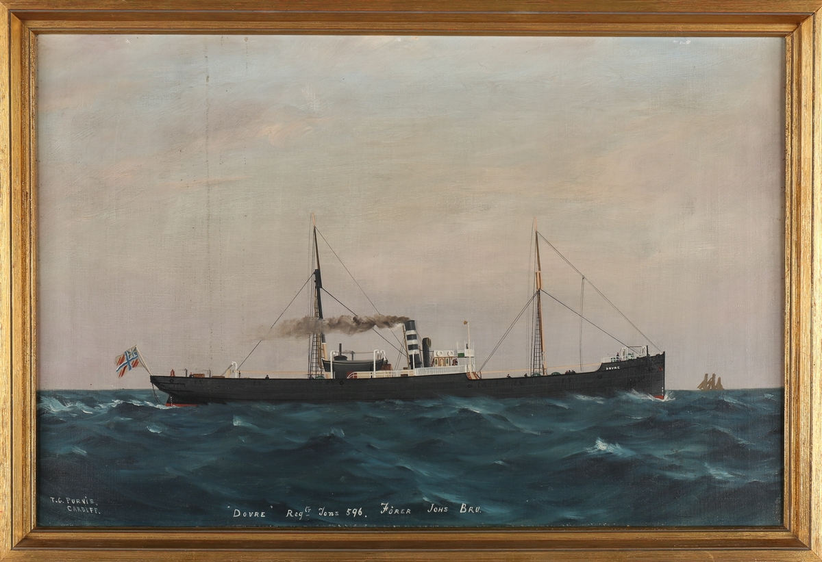 Skipsportrett av DS DOVRE under fart i åpen sjø med norsk unionsflagg (1844-1899) akter.