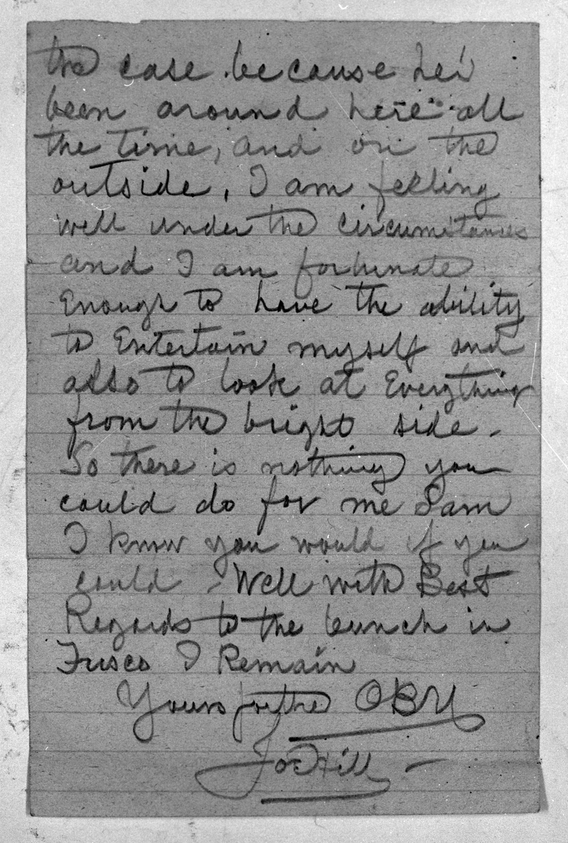 Reprofoto av brev som Joe Hill (Joel Hägglund) skrivit.