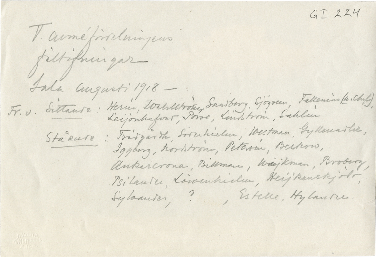 Grupporträtt av officerare vid V. Arméfördelningen under fältövningar i Sala, augusti 1918. För namn, se bild nr. 2.