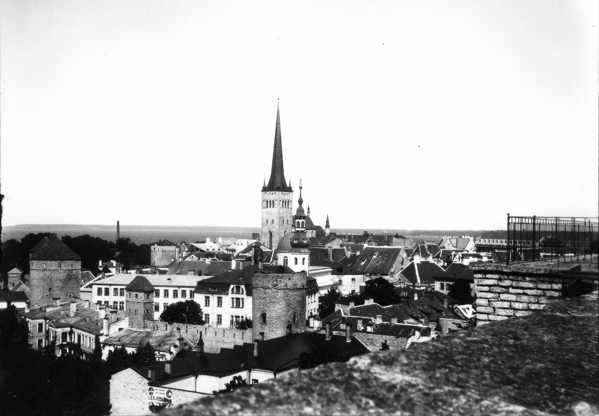 Tallinn. Utsikt från Domberget mot stadsmuren och Olaikyrkan.