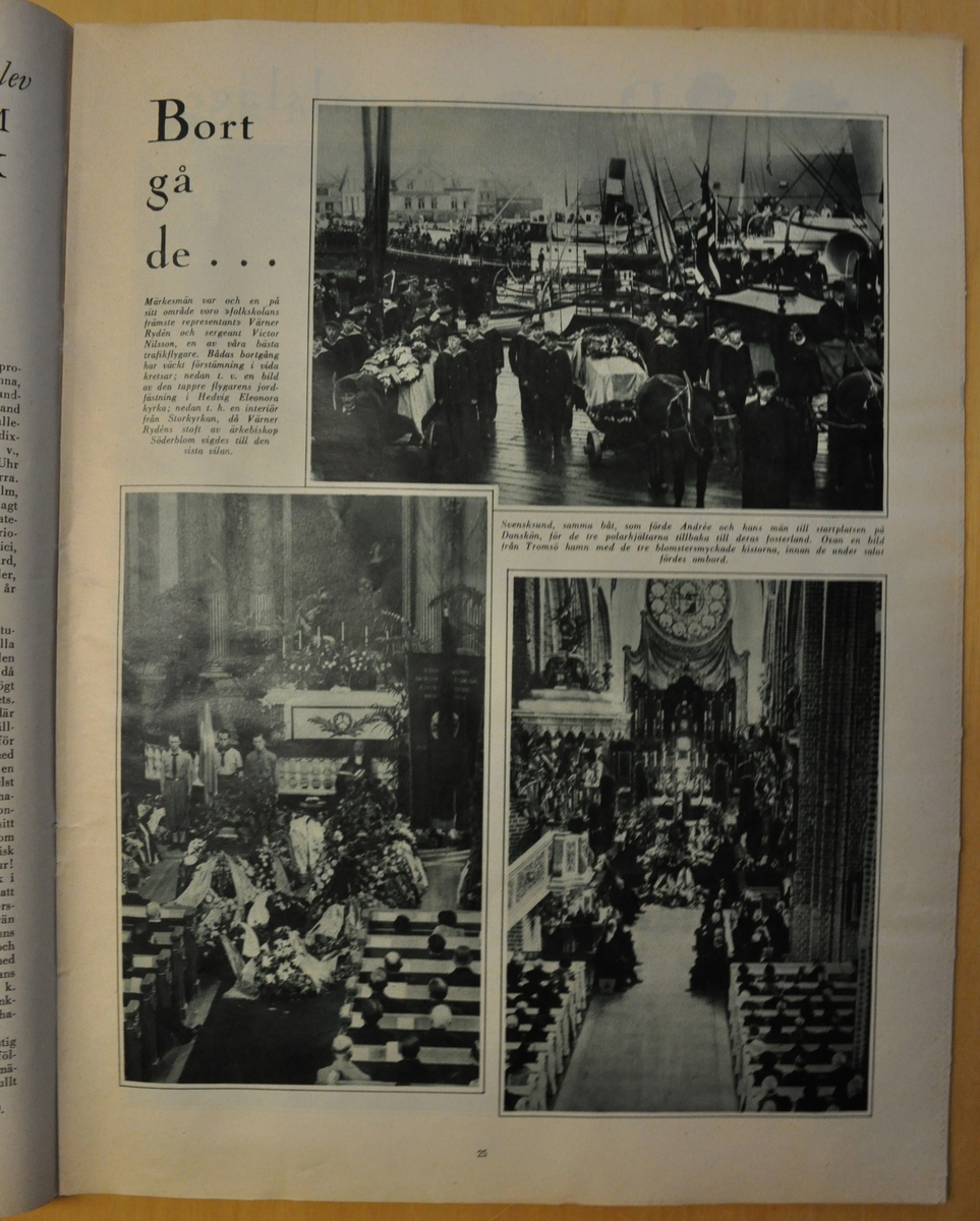 Tidningen Vecko-Journalen, nr 39, 1930. En sida med rubrik: "Bort gå de..." och tre fotografier med kistorna i Tromsö resp Storkyrkan i Stockholm.