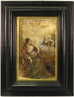 Enligt liggaren: Tafla, konstsömnad i silke af fröken Ellen Kylberg, Skara, f. å Såtenäs 20/8 1836. Taflan förfärdigad 1890, efter Albrecht Dürers kopparstick: Hvila under flykten i Egypten.