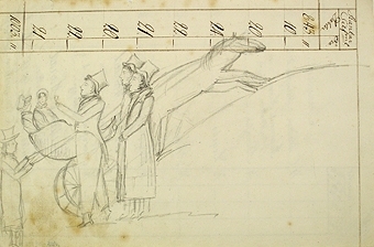 Teckning av människor och en häst och vagn på något som verkar vara ett blad från en räkenskapsbok.

Enligt liggaren: 85575:1-189: Christine Zelows ritportfölj.