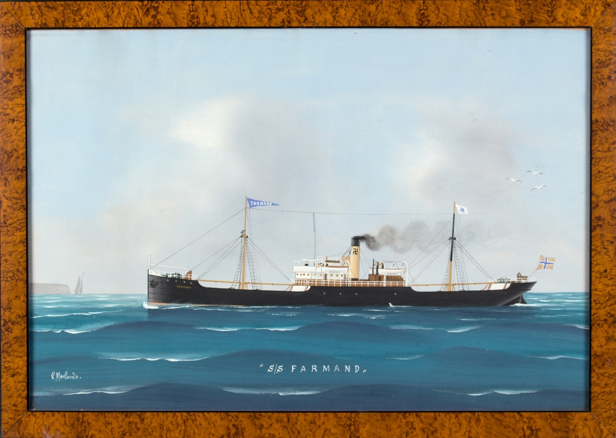 Skipsportrett av DS FARMAND under fart i åpen sjø. Rederimerket (Irgens) har feil farge. Til venstre i motivet sees antageligvis klippene ved Dover.