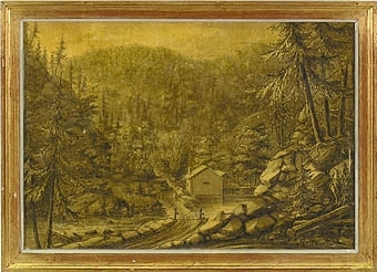 Enligt Liggaren:"Tuschteckning med lavyr, kvarn och bro vid en å i bergig terräng, av Kapten Lars Wilh. Kylberg d.ä."