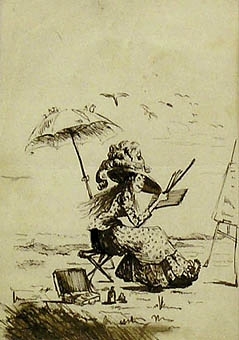 Enligt liggaren: Tuschteckning på en kvinna som sitter vid ett staffli.