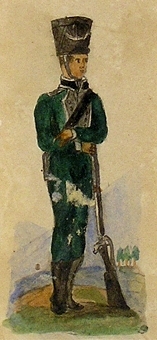Teckning av  en stående soldat. Samhör med nio andra teckningar av soldater. Teckningarna ligger tillsammans i ett kuvert.


Teckning av 10 stycken soldater. Åtta stycken stående och två stycken sittande på var sin häst.
