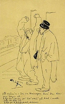 Teckningen föreställer två kolingar, småpratande. Den ena mannen sträcker på sig och jäspar, den andre står med händerna i fickorna. Text: Vits.
Signerad. Påsatt en gammal ram på teckningen 19970618.
