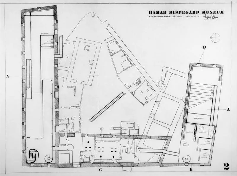 Plantegning over Storhamarlåven av Sverre Fehn.