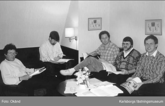 Kurs på stora hotellet i Karlsborg för arbetsledare och skyddsombud, 1989. Inger, Lennart, Leif, Sven-Erik och Kjell.