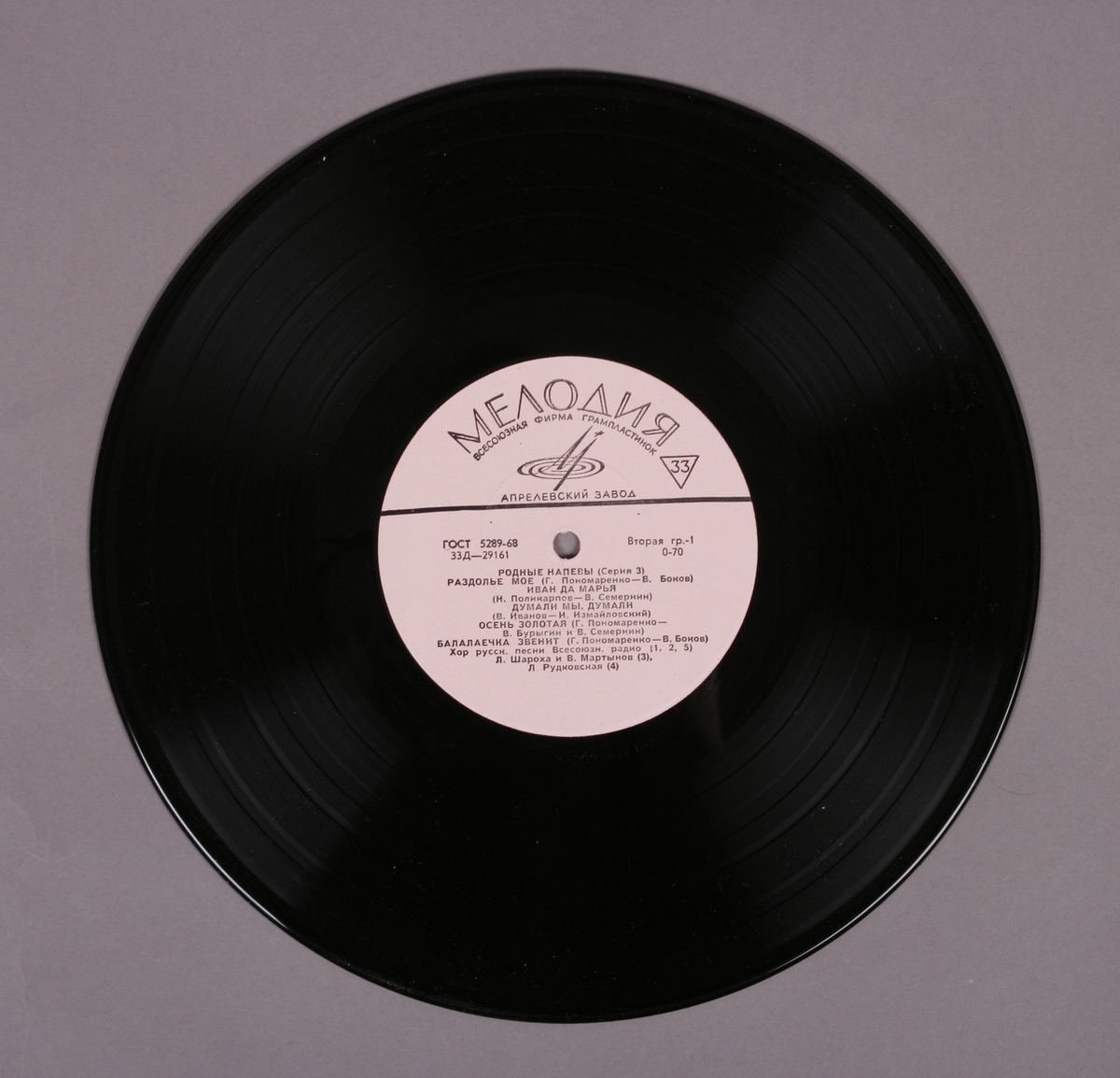 Grammofonplate i svart vinyl med en papirlomme som plateomslag. Papirlommen har påskrift på baksiden (se bilde). Plata ligger i en plastlomme