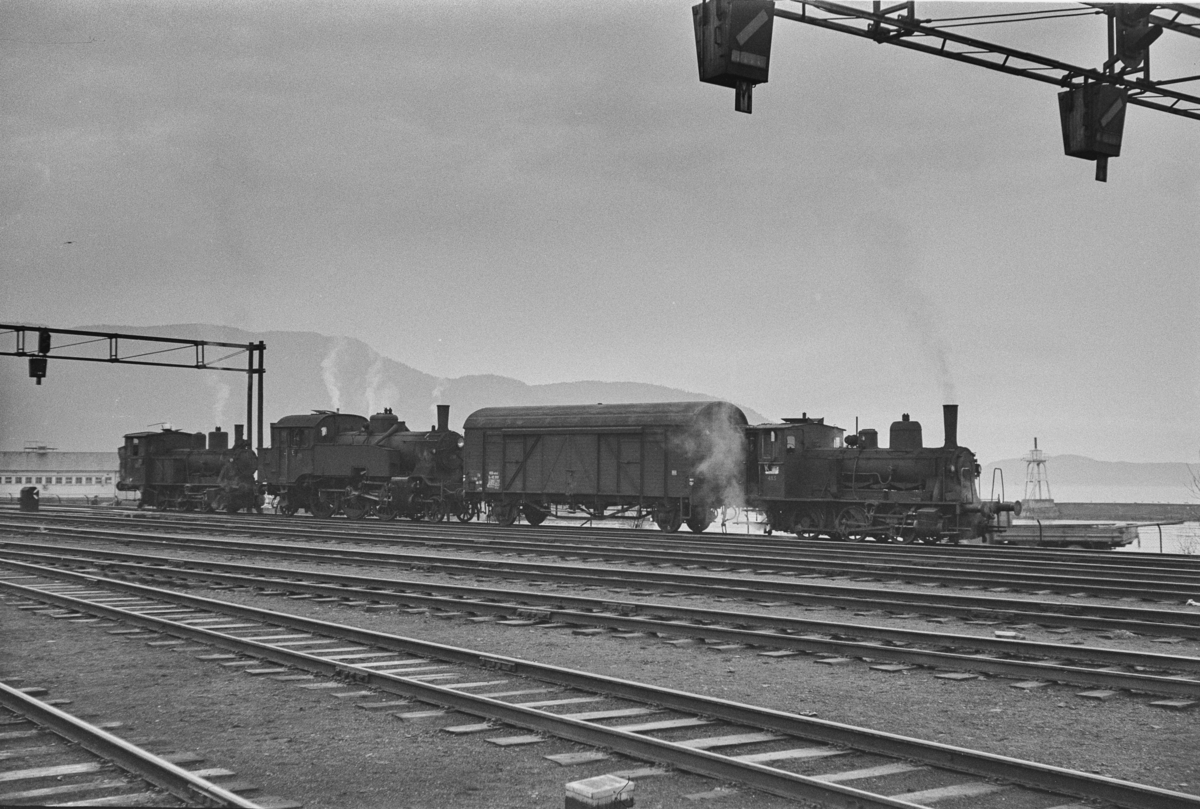 Damplokomotiver i skiftetjeneste på Trondheim stasjon. Fra høyre type 25e nr. 485, en godsvogn type G4, type 32a nr. 291  og type 25a nr. 223.