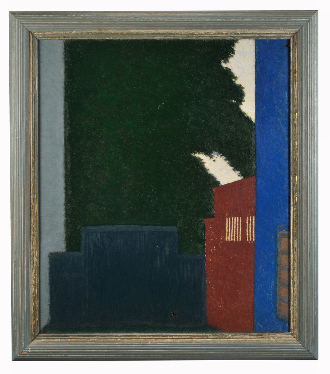 Oljemålning på duk, "Den röda och den svarta porten", av Pelle Swedlund.Till höger blått fält med femrutigt fönster, röd port med galleröppningar. T.v mört blågrönt fält, därefter ljusblågrått fond i mörkgrönt och vitt.