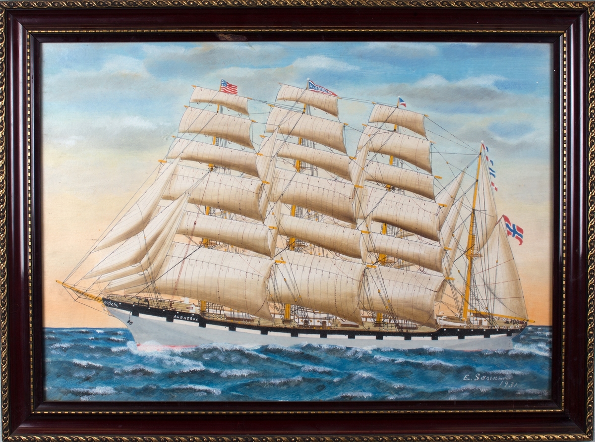 Skipsportrett av bark ALBATROS med full seilføring og påmalte kanonporter. Amerikansk flagg i fortoppen, og signalflagg og norsk flagg i akter.