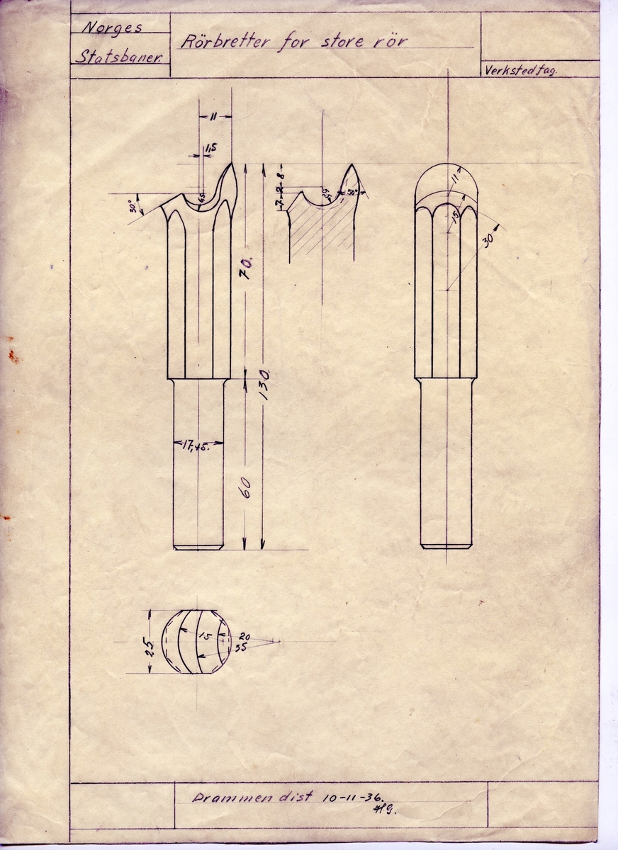 Håndtegnet arbeidstegning på kalkerpapir for rørbretter for store rør.