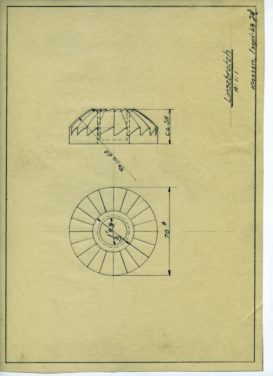 Håndtegnet arbeidstegning for støtteknekt for linsebrotch, utarbeidet Krossen 1. sept 1949.