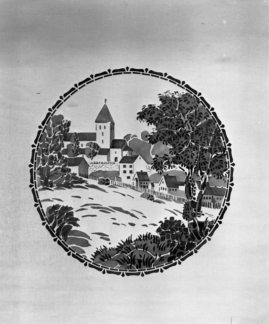 Hvit rullgardin med et sirkulært motiv av en landsby. 
