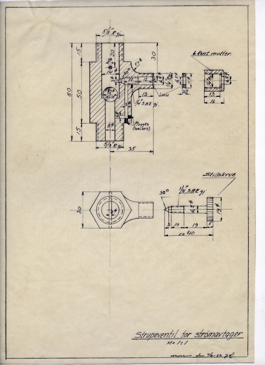 Håndtegnet arbeidstegning til strupeventil for strømavtager. Utarbeidet på Krossen i 1952.