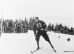 Personer, ski og skistaver, naturforhold.