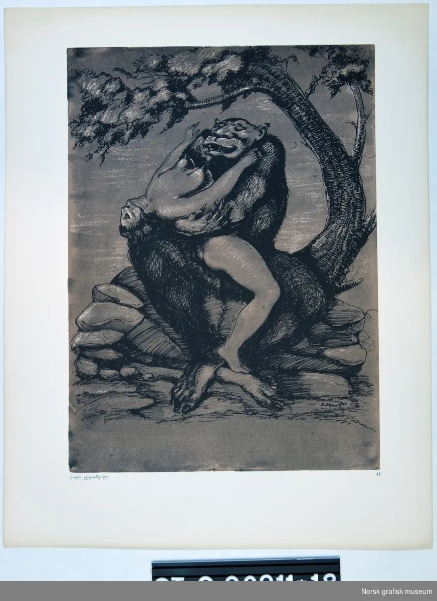 En naken kvinne sitter skrevs over fanget på et beist/ mytisk skikkelse.