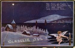 Julekort. Snødekt kystlandskap med kirke, bolighus og seilbå