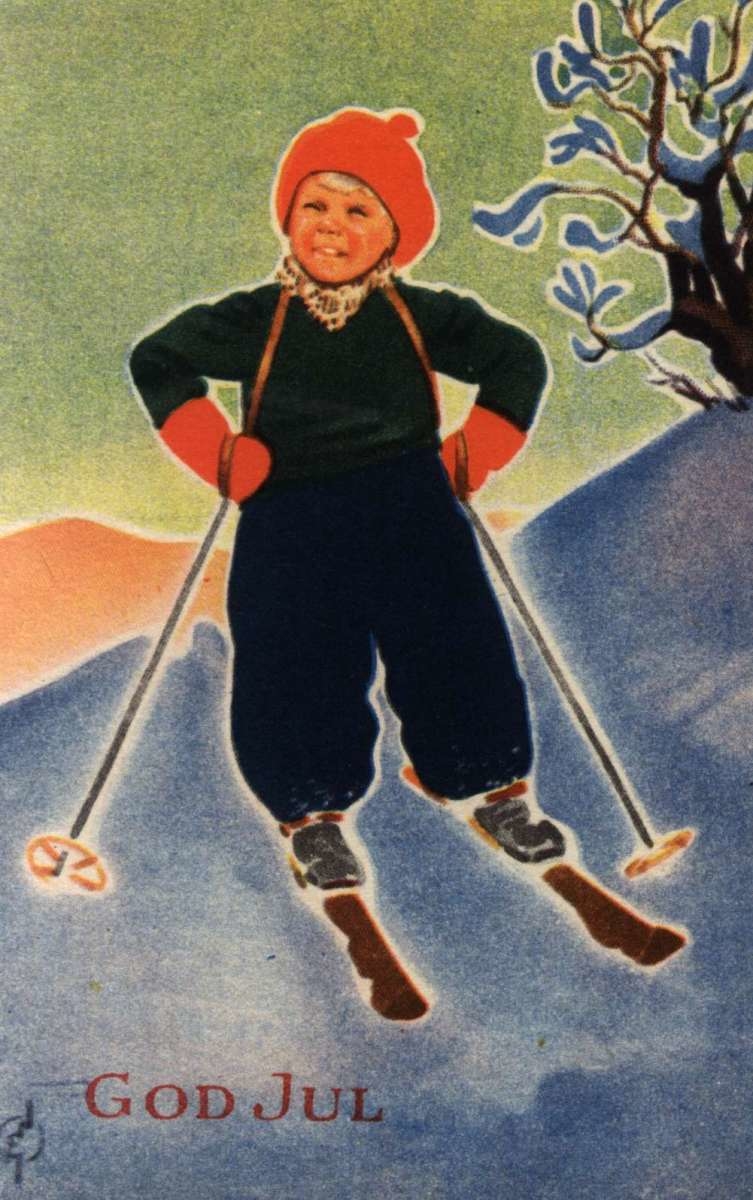 Julekort. Ubrukt. Vintermotiv. Et barn på ski. Illustrert av Erling Nielsen.