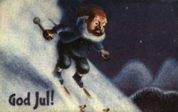 Julekort. Ubrukt. Vintermotiv. Mann på ski ned en skråning.