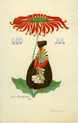 Julekort. Julehilsen. Stilisert tegning av kvinne under stor