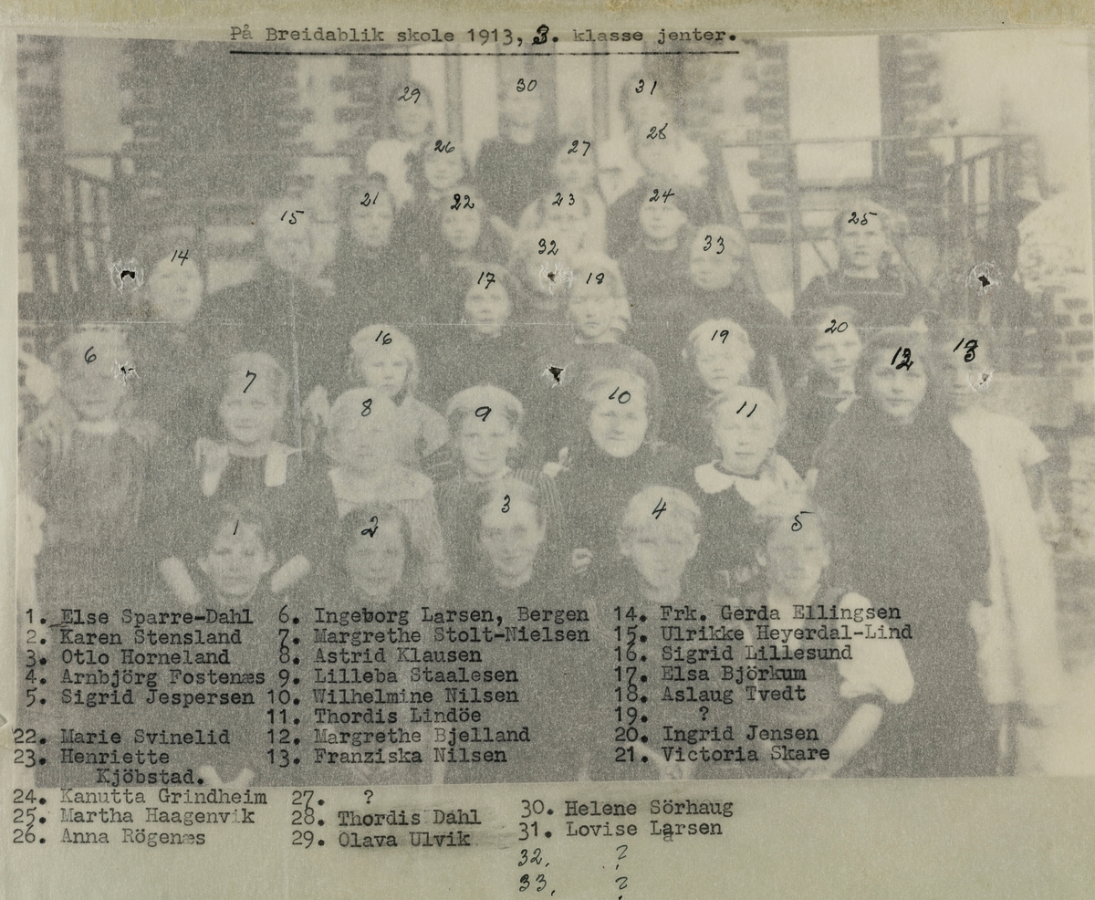 Klassebilde 3. klasse jenter Breidablik skole 1913.