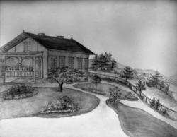 Tegninger av hus, herregård, sted ukjent. Repro på glassplat