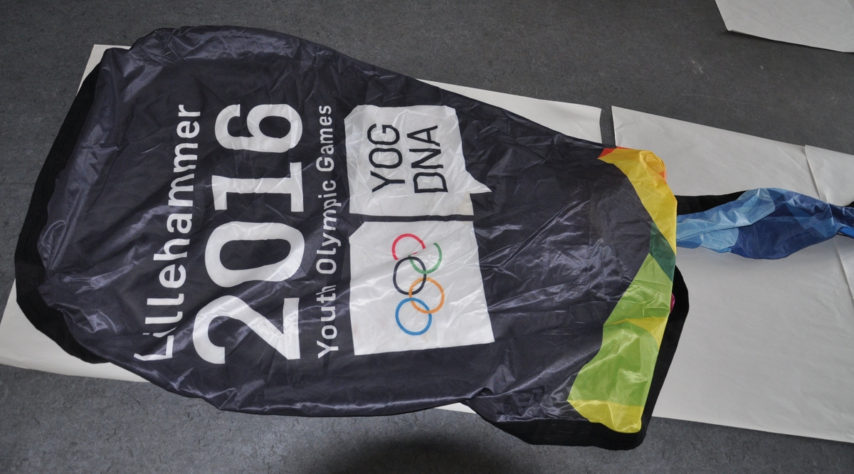 Beachflagg - dråpeformet banner med feste øverst og nederst, med logo for Lillehammer Youth Olympic Games 2016. På den buede siden er det et tykt elastisk bånd der det kan tres inn en stang for montering av banneret.