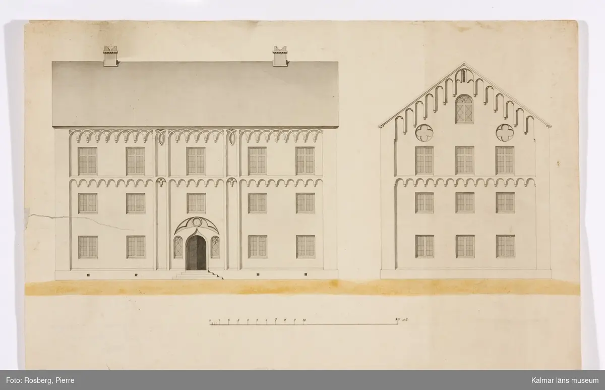 KLM 22458. Ritning. Byggnadsritning. Ritning av fasad till trevåningshus i romansk stil av Brunius typ. Datering: omkring 1850.