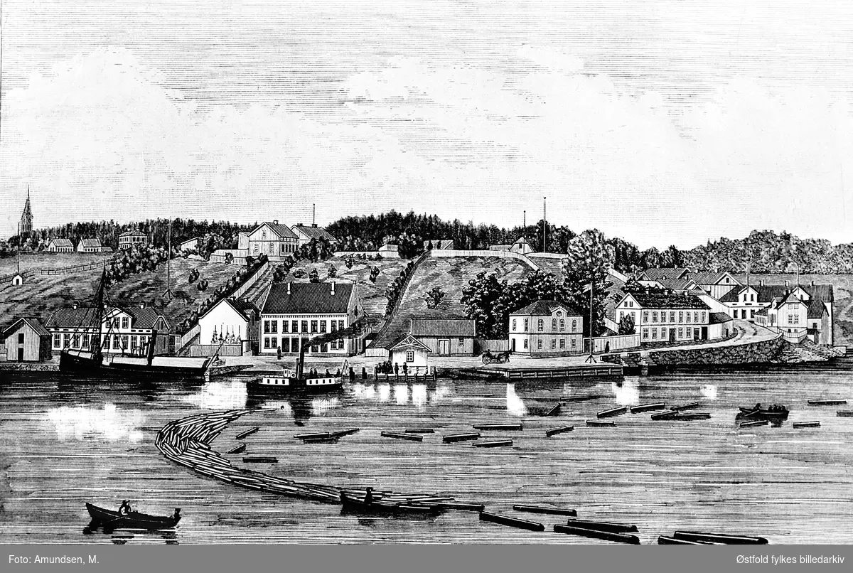 Byprospekt over Sannesund i Sarpsborg med tømmerfløting, repro av tresnitt.