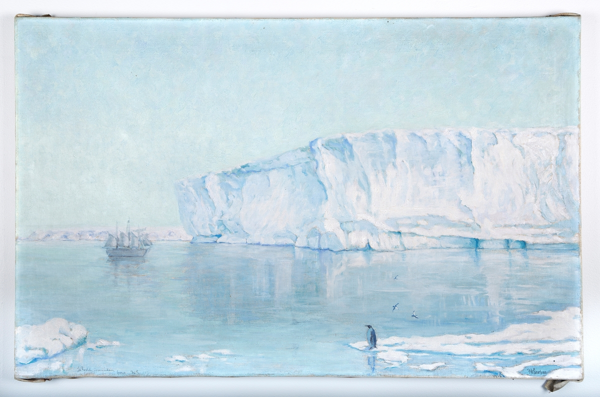 Isfjell, pingvin og seilskute.