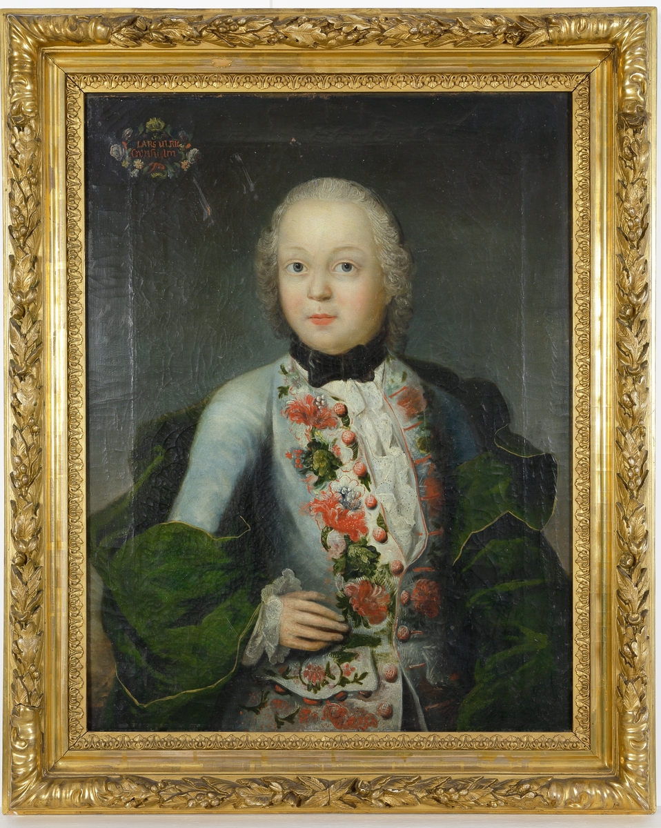 Oljemålning.
Porträtt av pojke i ljusblå dräkt med broderier i rött, vitt och grönt och mossgrön mantel. 
Knäbild, en face. Släktvapen (Cronhielm af Flosta) i övre vänstra hörnet.