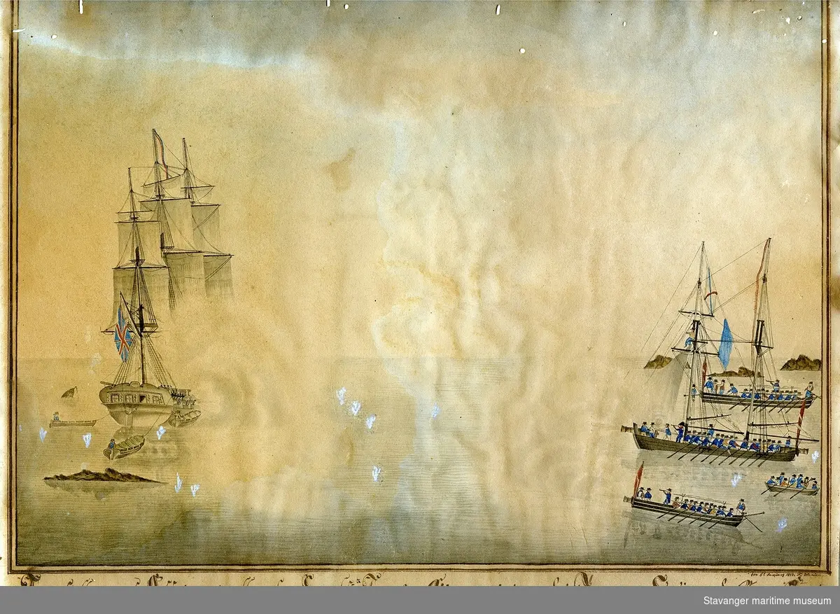 Fullrigger "Alexandria" i kamp mot kanonbåter som lå i havn i Tananger havn.
