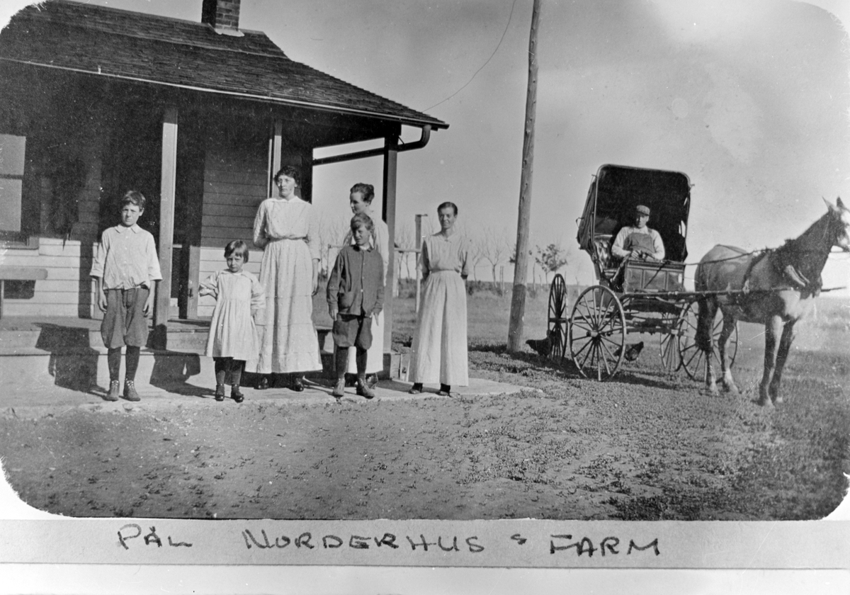Pål Norderhus sin farm, Bottineau County, Nort Dakota, USA
7 personer, hus og hest med vogn