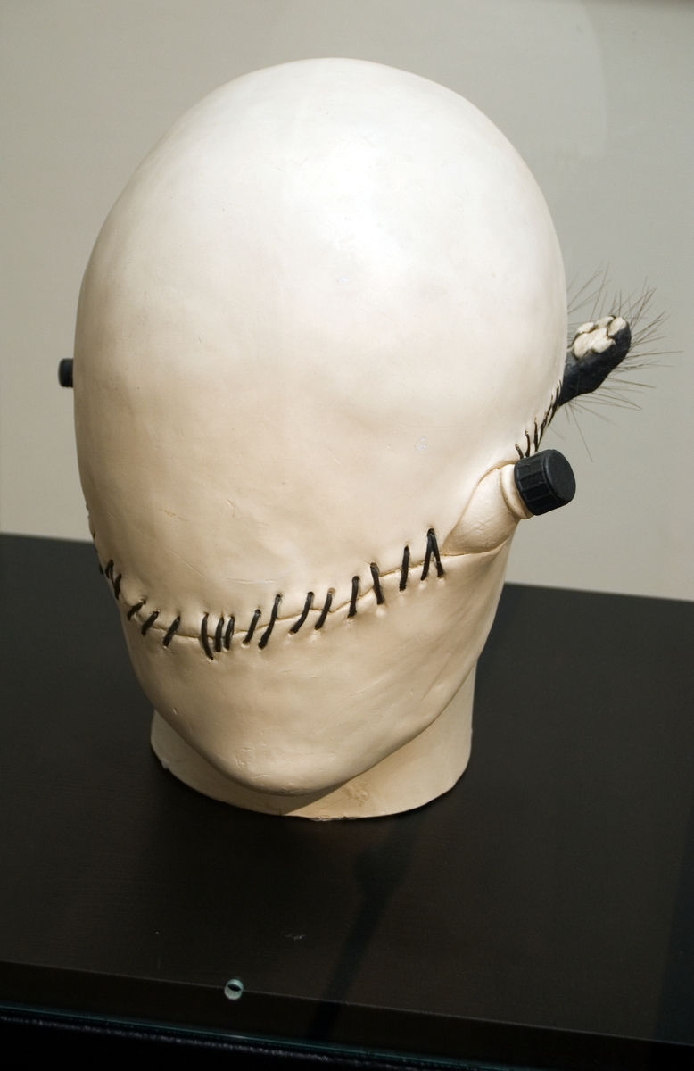 Keramisk skulptur av Britt-Ingrid Persson (BIP), "Rehabiliterad". En ljus huvudform, med en reva tvärs över ansiktet som "ihopsytts" med mörka stygn. Ur revan mellan stygnen sticker föremål fram; en kattass, en kattsvans och en liten del av en flaska med skruvkork. Konstnärens skulpturer i oglaserad lera från 1970-talet är politiska och i Rehabiliterad syns en kritik mot den tidens psykiatri, men inte utan en lite galet humoristisk vinkling.
