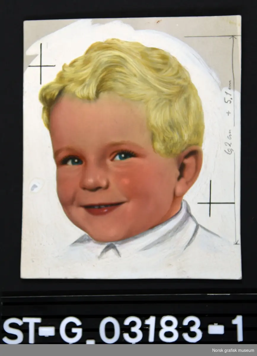 Forarbeid til etikett for Gulltopp leverpostei. Originalgouache med portrett av liten gutt.