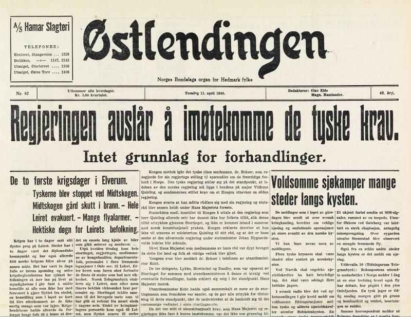 Avisen Østlendingen som blir utgitt få timer før bombene faller. Reprofotografering/Anno museum. (Foto/Photo)