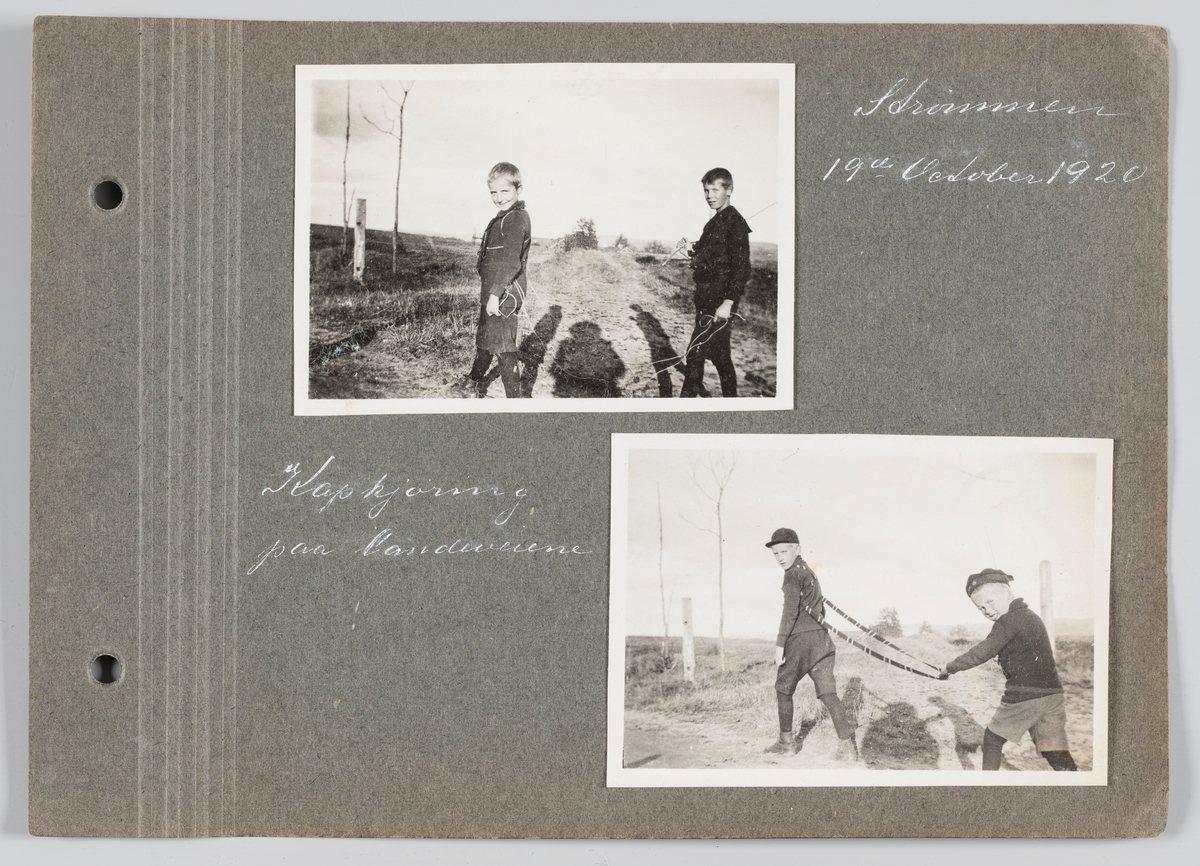Bilde til venstre: Erling Michelsen og en kamerat leker på Gamle Strømsvei på Strømmen.
Bilde til høyre: Erling og bror Arvid samme sted.
Begge tatt 19.oktober 1920.