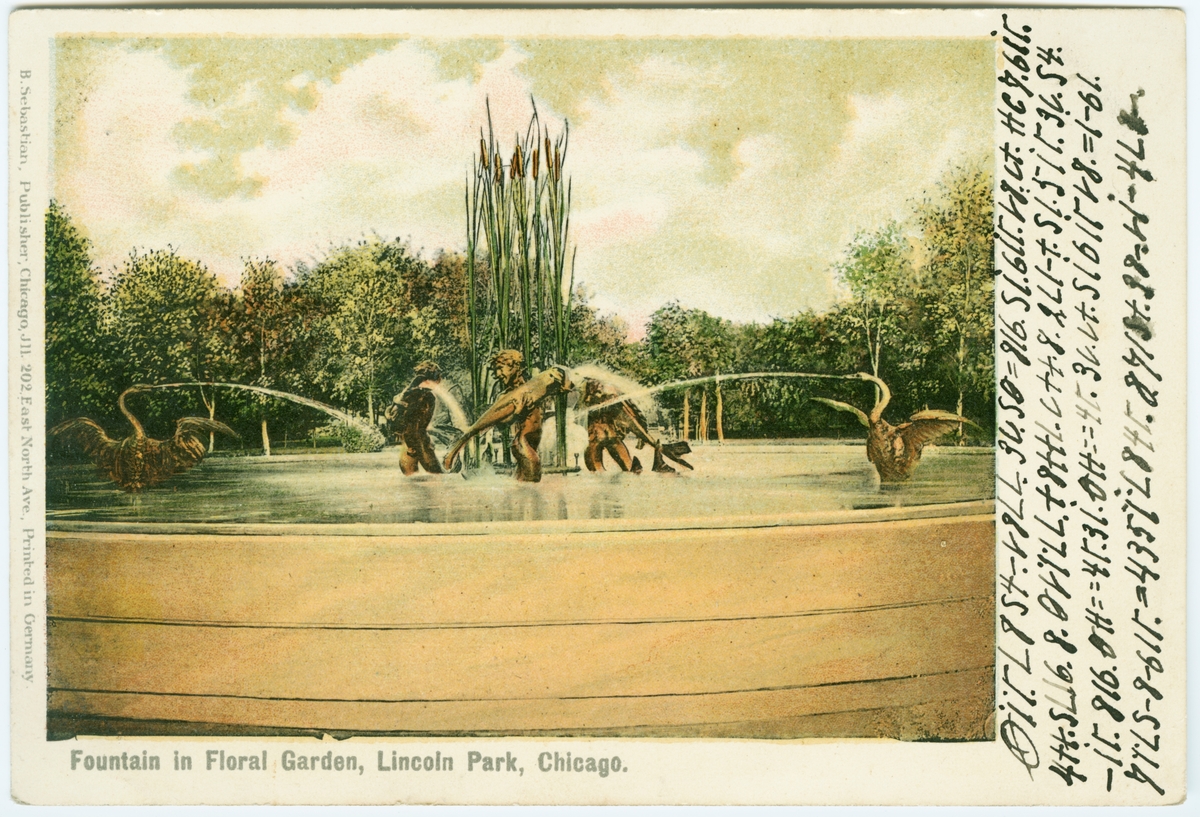 Brevkort, Chicago "Fountain in Floral Garden, Lincoln Park, Chicago"