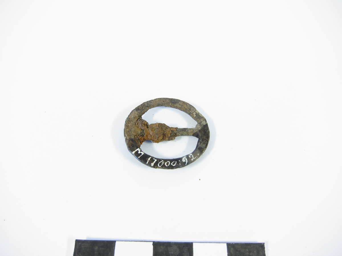 Rund dubbelsölja av brons med inre skråkant. Rundad mittaxel med en rostklump som troligen en rest av tornen.