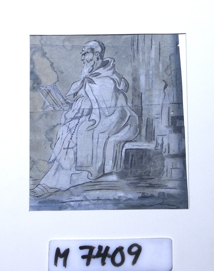 Akvarellmålning/Lavering. 
Lavering i grått med höjning av vit pastell på bleknat, ursprungligen 
blågrått papper, föreställande en läsande munk.