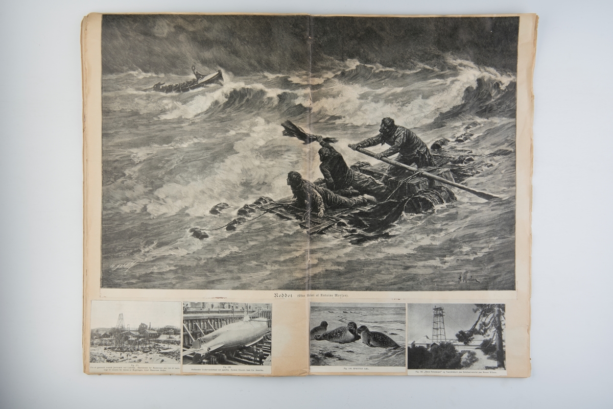 Utklippsbok med illustrasjoner av strandinger, redningsvesen mm.