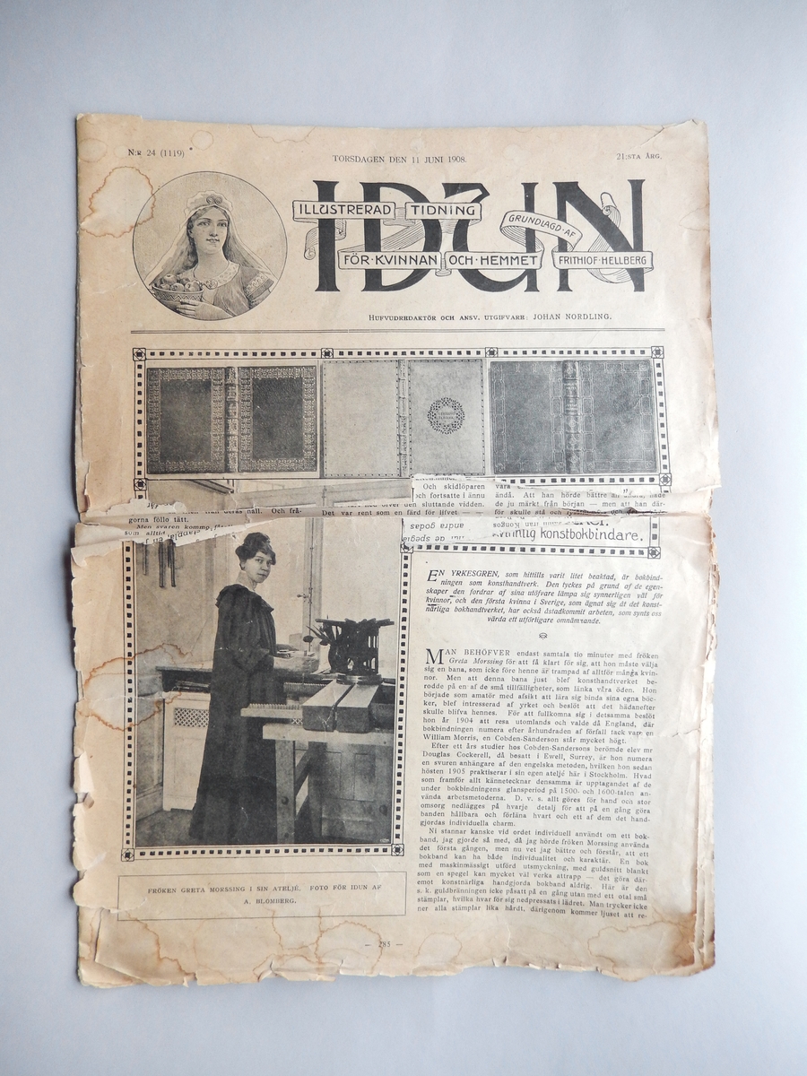 Tidningen Idun 11 juni 1908. Innehåller artiklar, annonser och illustrationer.