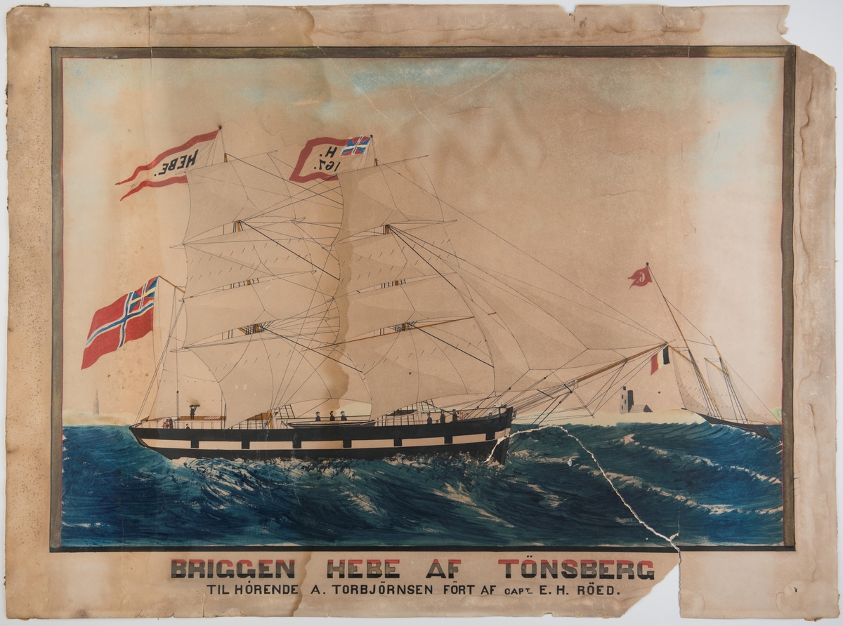 Brigg 'Hebe' af Tønsberg Unionsflagg, navnevimpel. På fortoppen H og 167 under. Dobbelte mersseil