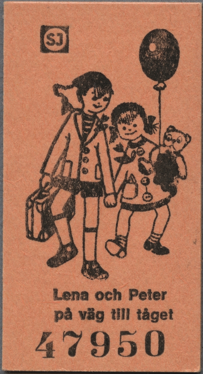 Brun Edmonsonsk biljett med "SJ" som står inom en cirkel, med svart ram, överst till vänster. Större delen av biljetten upptas av en tecknad pojke och flicka, som håller varandra i handen, ser glada ut och bär på väska och leksaker. Under bilden står med tryckt svart text "Lena och Peter på väg till tåget" och längst ner på biljetten finns biljettnumret "47950".
På baksidan står den tryckta ramsan: 
"Tiddelipom och tiddelipåg, nog är det roligt att få åka tåg. Tiddelipom och tiddelipunt, det säger i hjulen, när de går runt. Tiddelipom och piddelipett, men man ska väl ha en egen biljett. OCH DET HAR DU." 
En tjock svart linje är dragen över kortsidan under ovanstående ramsa och under linjen står: 
"Småbarns-Biljett Gäller för resa HEMIFRÅN-BORT och hem igen". Statens Järnvägar, SJ, som står inom en cirkel med svart ram finns under linjen till höger.